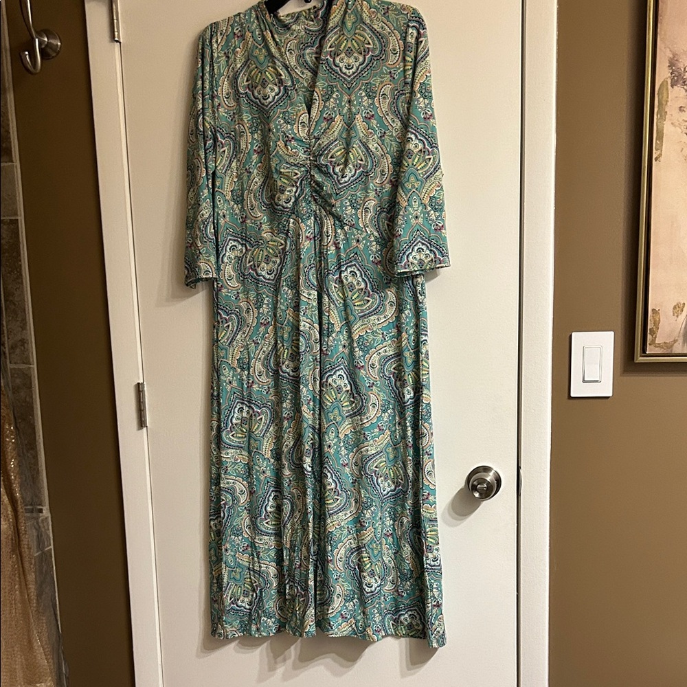 Soft Surroundings Teal Paisley Long Sleeve Midi Dress